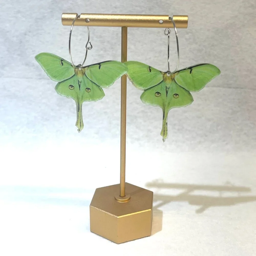 Green Luna Moth Acrylic Hoop Earrings – Statement Nature Earrings - Picture 1 of 4